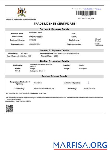 Printable Uganda Makindye trade license certificate Word and PDF template